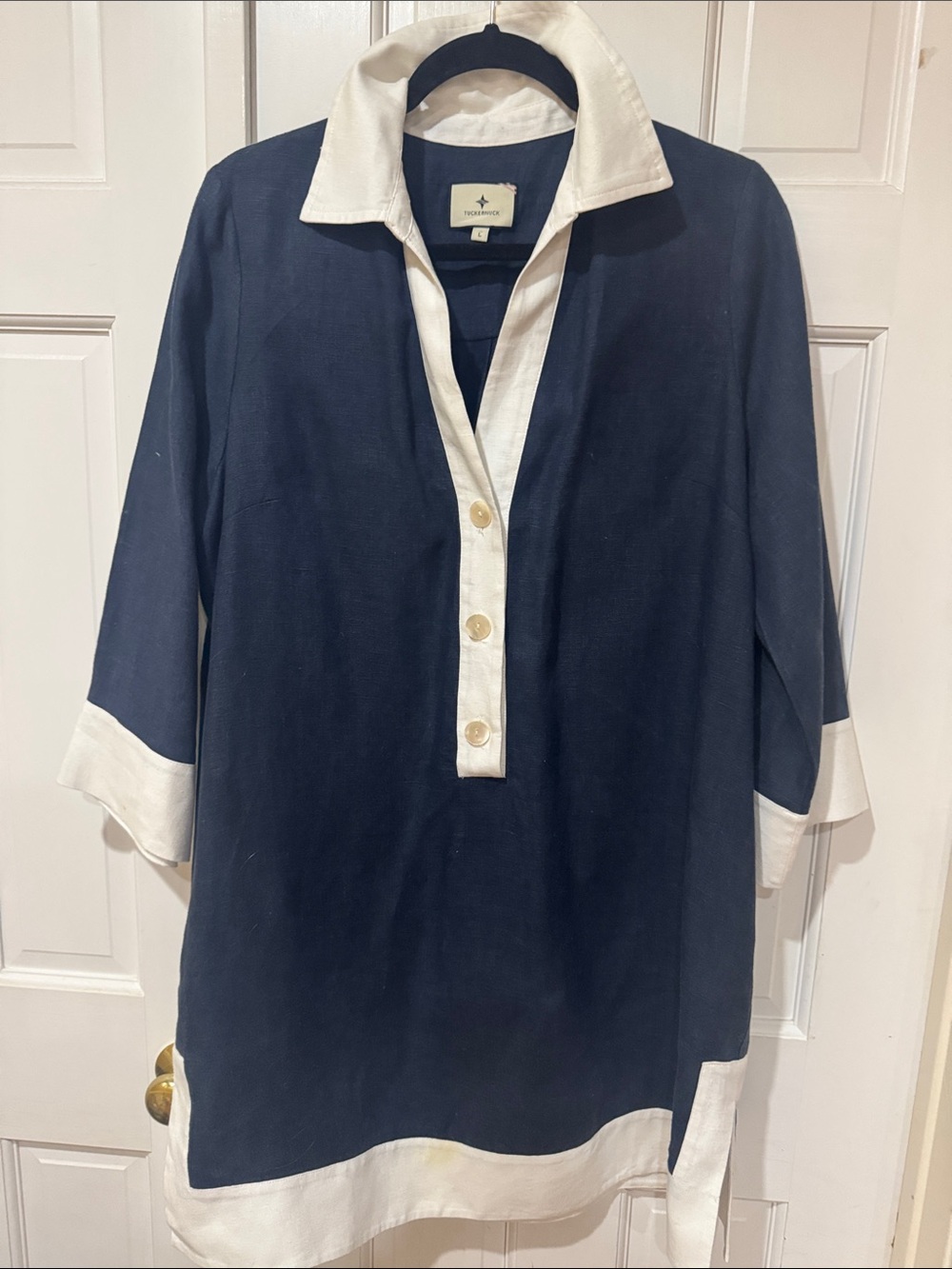 Tuckernuck Linen Navy and White Contrast Collar Tunic Dress Sz L